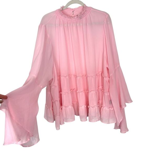 Torrid Blouse Chiffon Mock Neck Top Ruffle Tiered Sheer Long Sleeve Flowy 3 3x - Picture 5 of 14